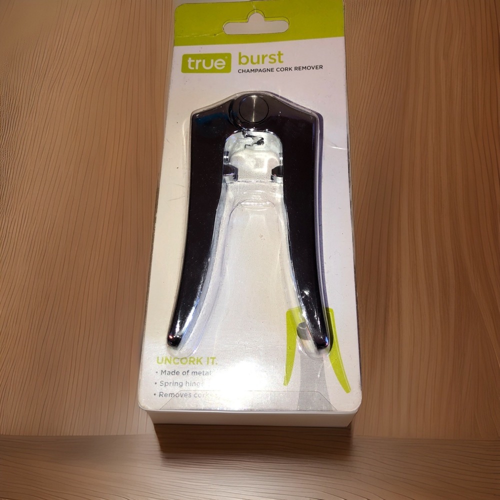 True Burst Metal Champagne Cork Remover Spring Hinge Design Silver Safe Travel